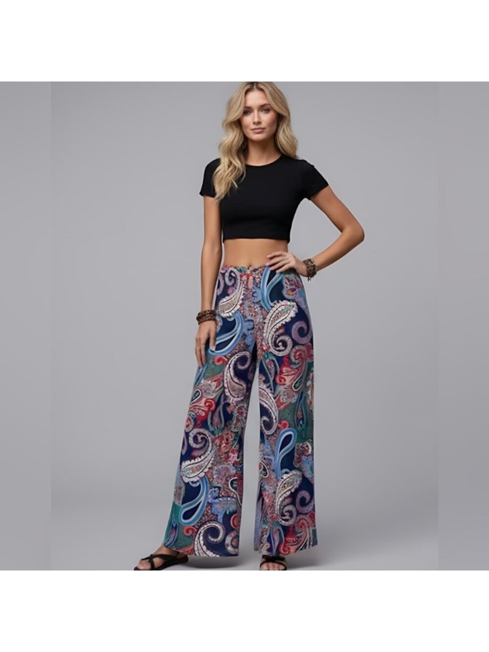 Paisley Print Wide Leg Pants Blue - Picture 3 of 7